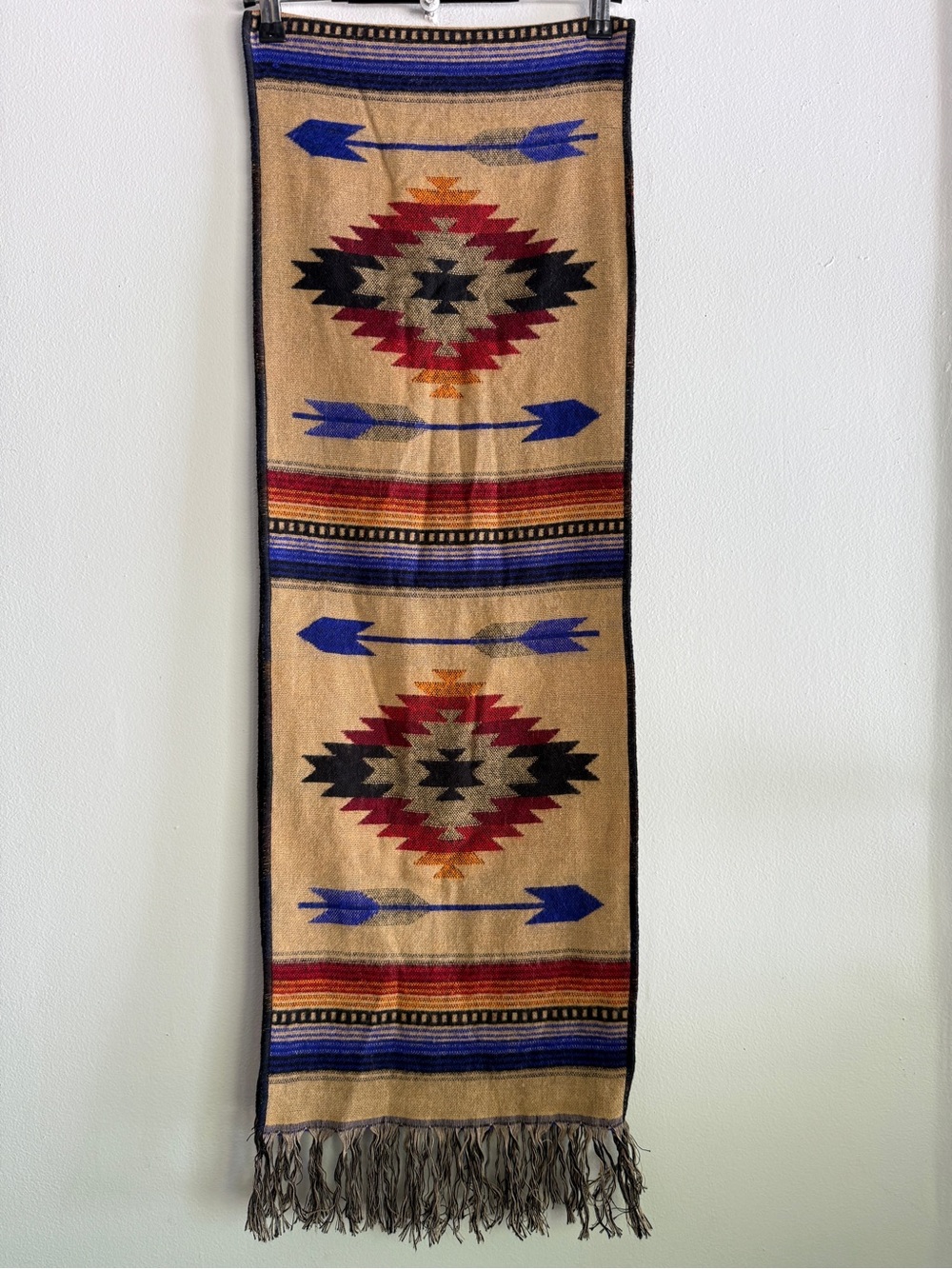 Vintage 90s El Paso Saddleblanket Co Table Runner 72x12 Tan Blue Maya Modern